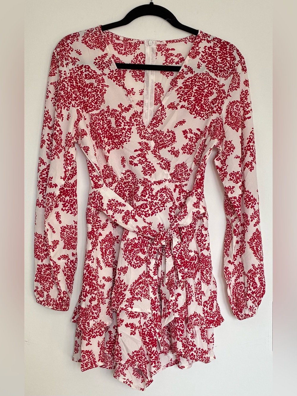 Red & White Floral Long Sleeve V-neck Romper Wrap With Tie Belt & Ruffle Hem